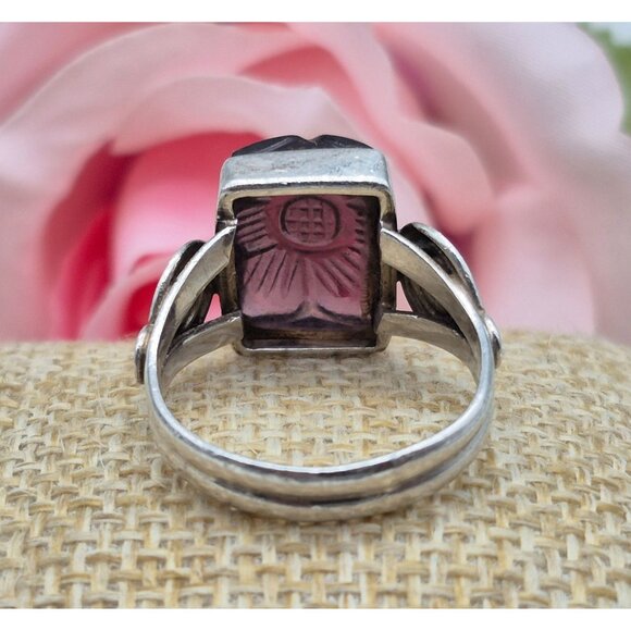 Sterling Silver Swirl Ring Size 8.5 Square Purple Etched Flower Boho Cute - Picture 4 of 9